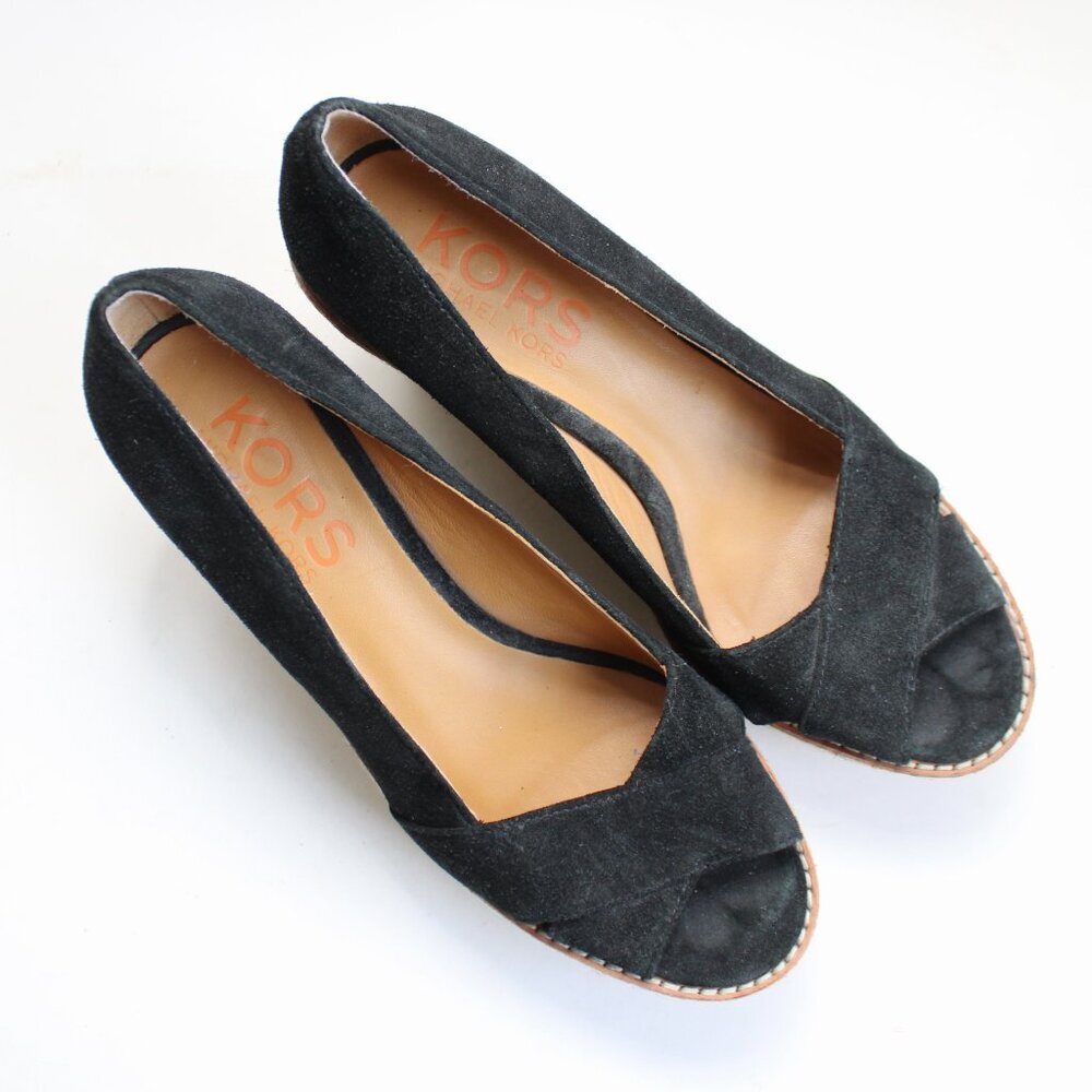 KORS Michael Kors Black Suede Platform Wedge Espadrille Open-Toe Heels Size 8.5 - Picture 3 of 6